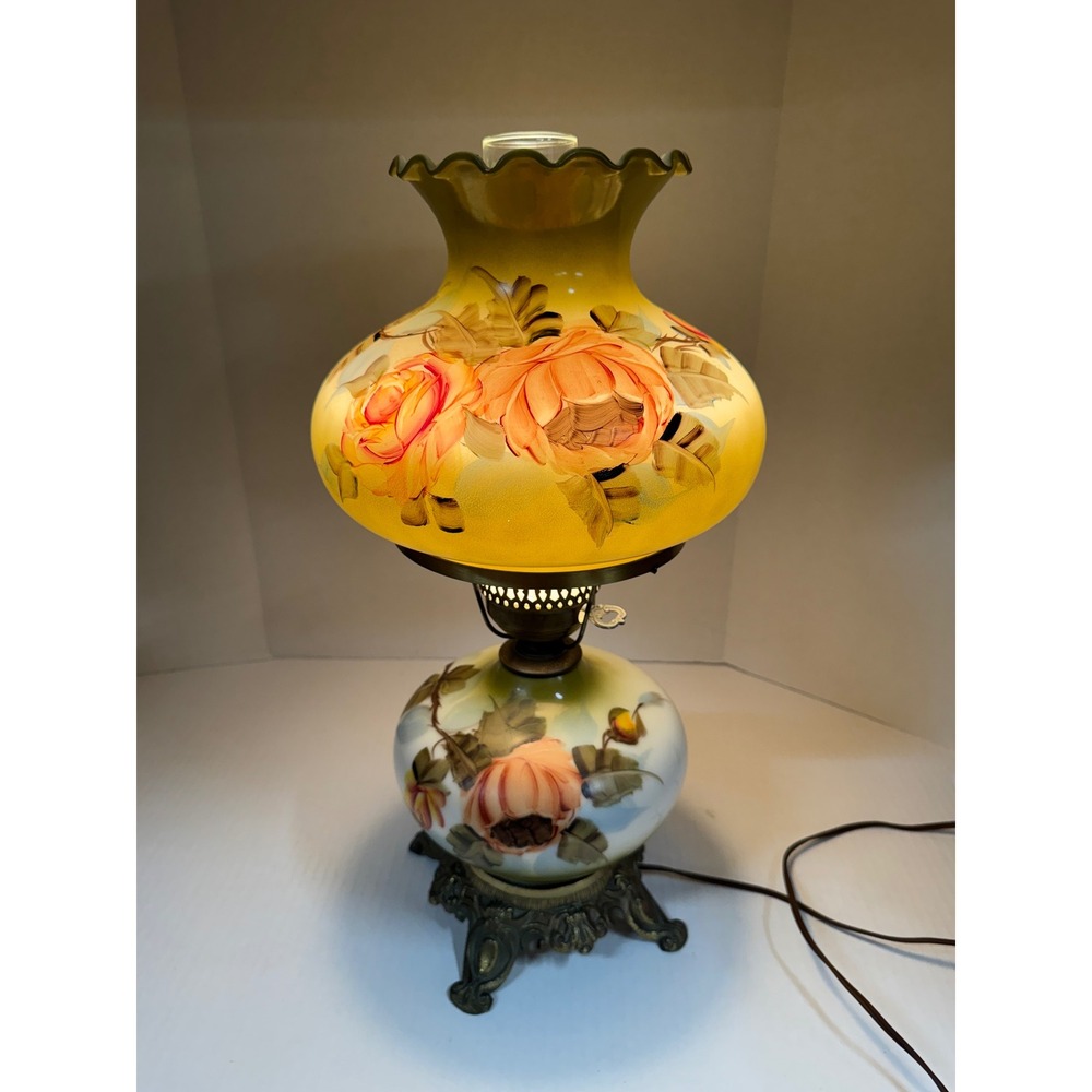 Vintage Gone with the Wind Hurricane Lamp Hand Painted Floral Green Orange Rose - Picture 7 of 8